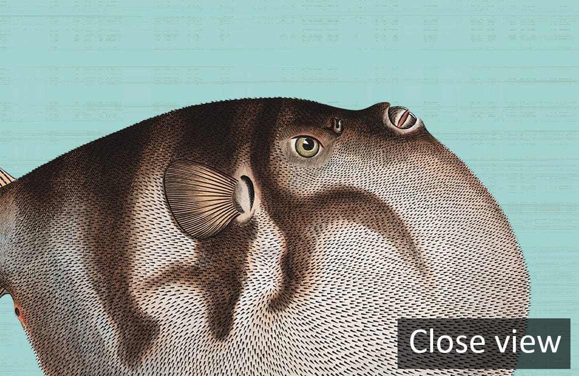 Close-up of Vintage Aquatic Life Turquoise Fish Pattern Wallpaper for Nautical Decor, detailed illustration.
