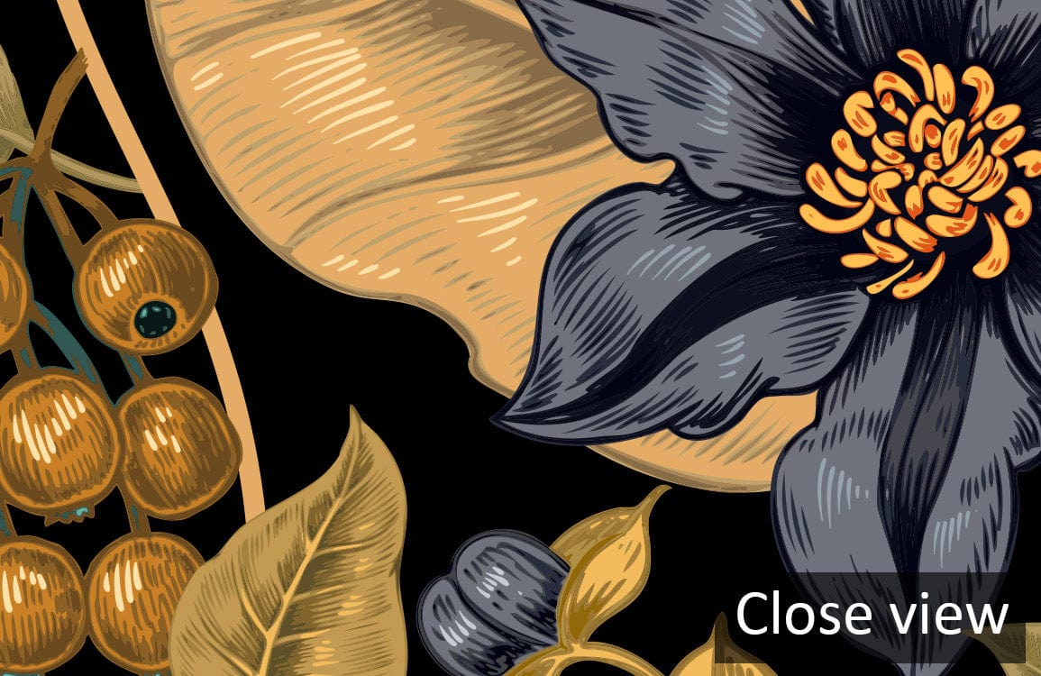 Elegant black and gold floral wallpaper, botanical pattern, close view, suitable for stylish interiors decor.