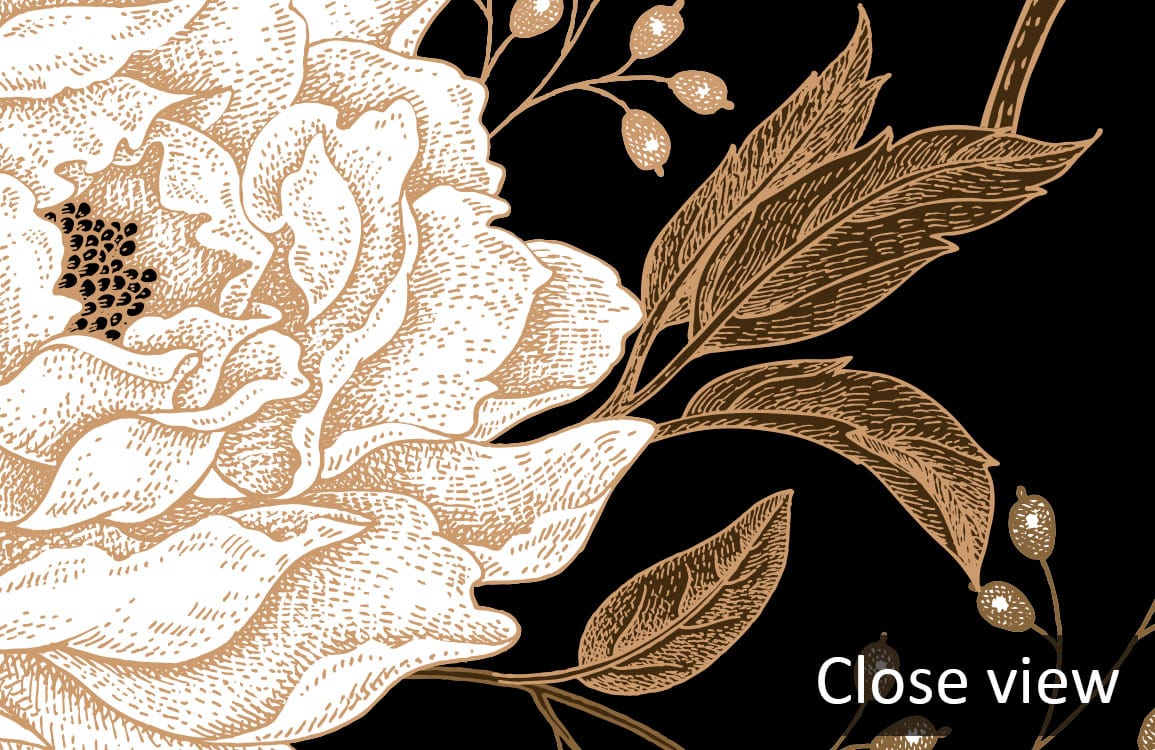 Elegant black and gold floral wallpaper close-up for luxurious interiors, featuring intricate botanical patterns.