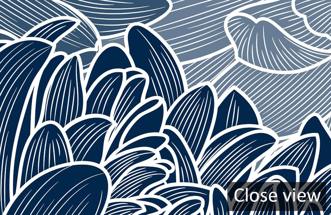 Elegant blue floral wallpaper showing intricate botanical pattern, perfect for sophisticated interior design.