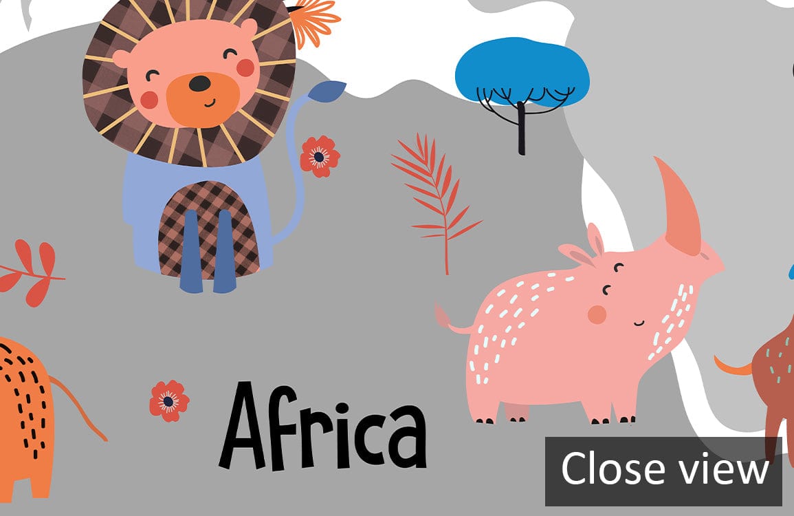 Children's Colourful World Map Mural Wallpaper - Animal Adventure Design featuring playful animals, Africa section.