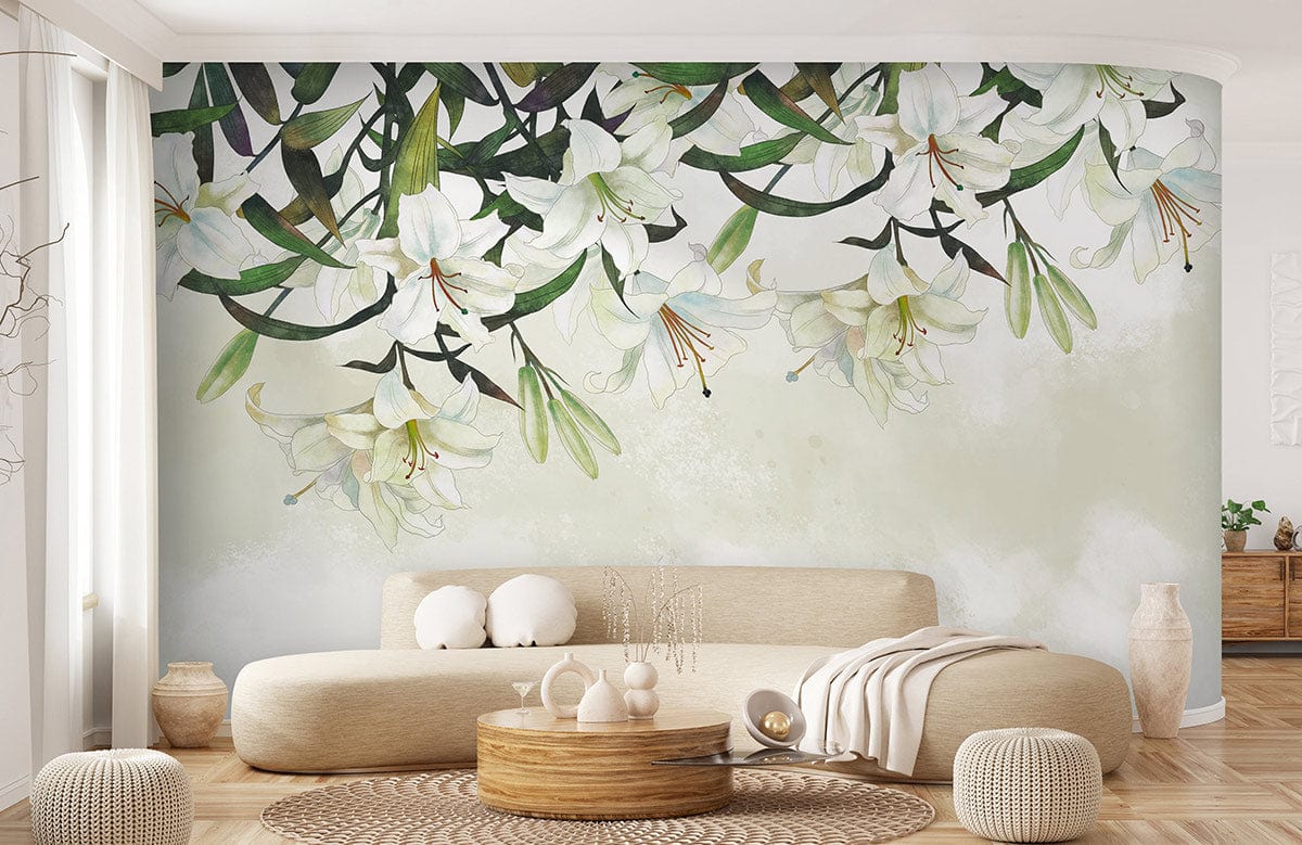 Elegant White Lily Watercolour Mural Wallpaper in cosy lounge with beige sofa, wooden flooring, wicker accents.