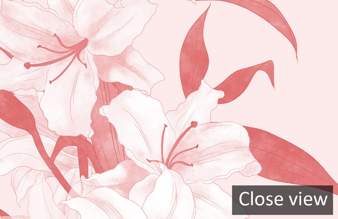 Close view of vintage coral floral wallpaper with elegant botanical design; detailed flower illustration.