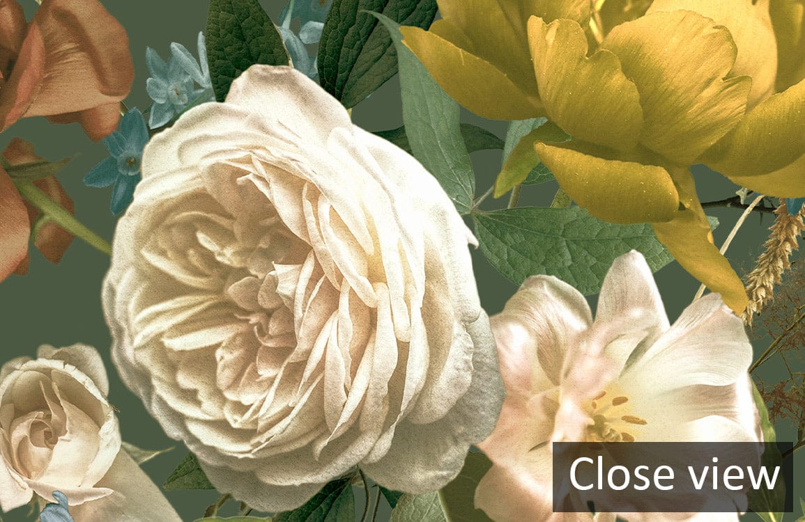 Close-up of Vintage Floral Green Wallpaper with Autumnal Tones for elegant interiors, featuring roses.