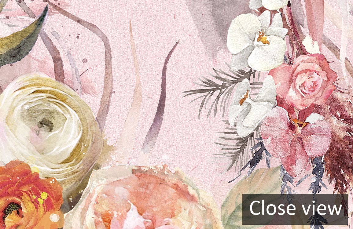 Close view of Floral Elegance Pink Watercolour Mural with roses, peonies, and orchids, vintage style.