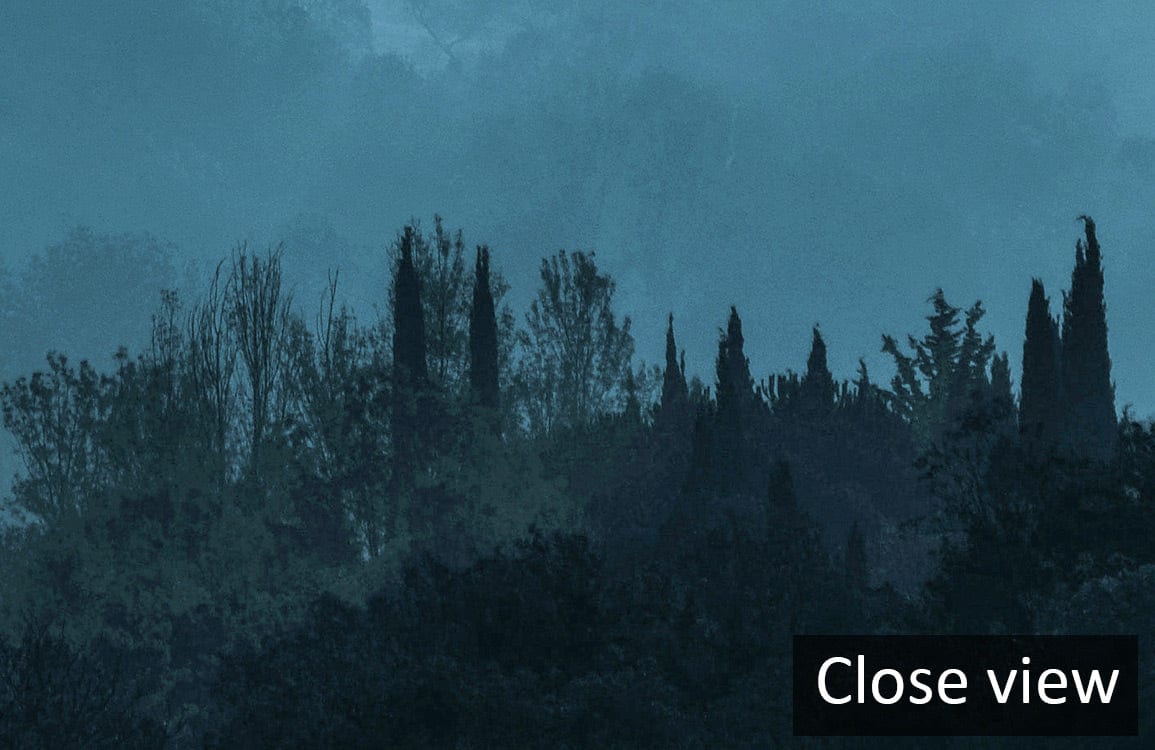 Misty Blue Landscape Mural Wallpaper close-up for tranquil living decor, serene colour palette.