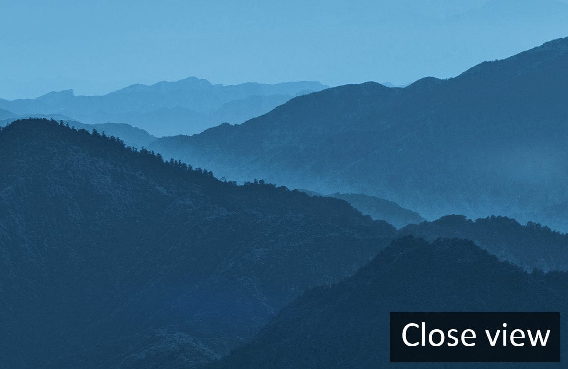 Tranquil Blue Mountain Landscape Mural Wallpaper, serene decor, close view, artistic home design.