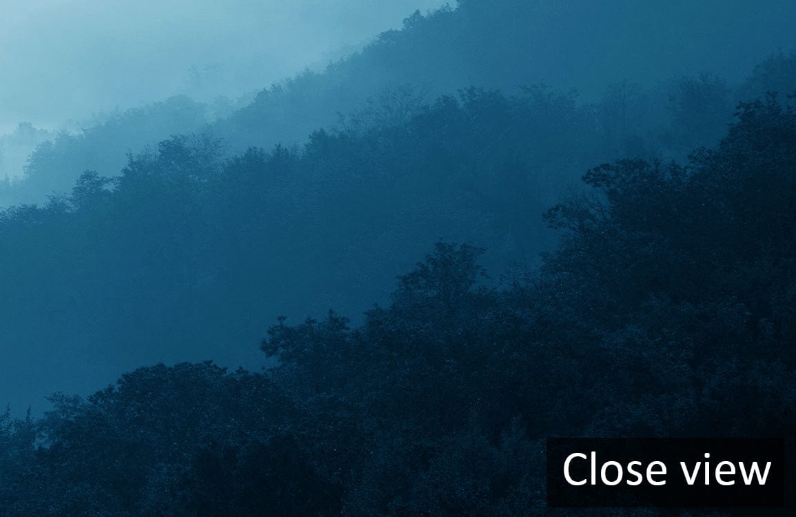 Tranquil Blue Mist Mountain Mural Wallpaper, serene misty landscape design, ideal for peaceful interiors.