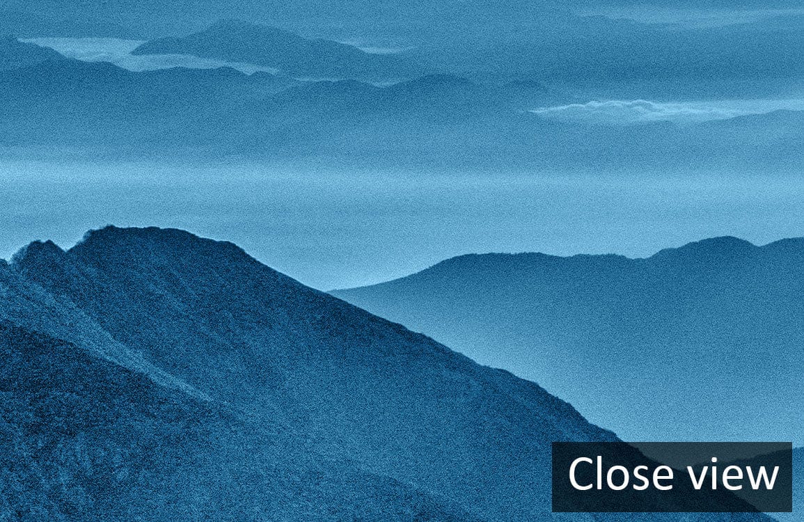 Serene Blue Mountain Landscape Mural Wallpaper, tranquil decor with mountain horizon at sunrise.