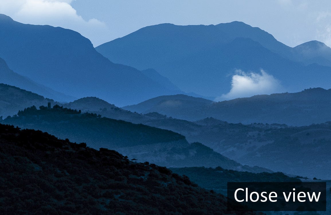 Majestic Blue Mountain Vista mural wallpaper close-up, highlighting scenic landscape for modern interiors.
