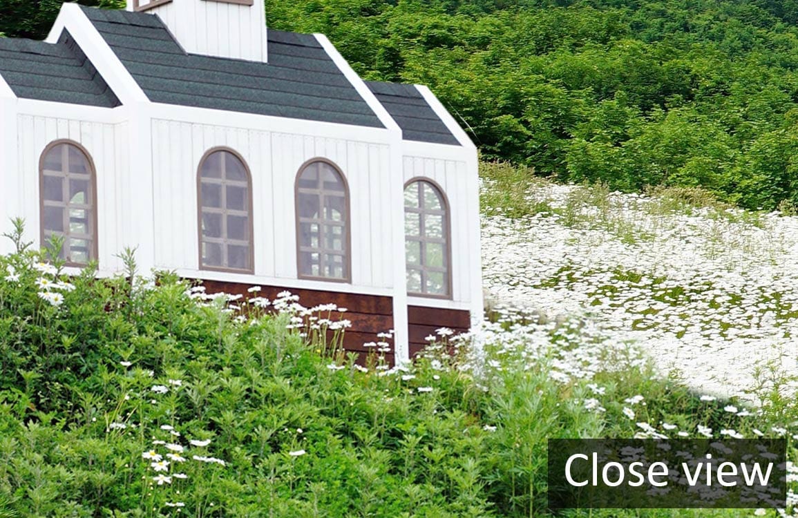 Charming countryside church mural wallpaper with blooming meadow, lush greenery, white floral accents, serene setting.