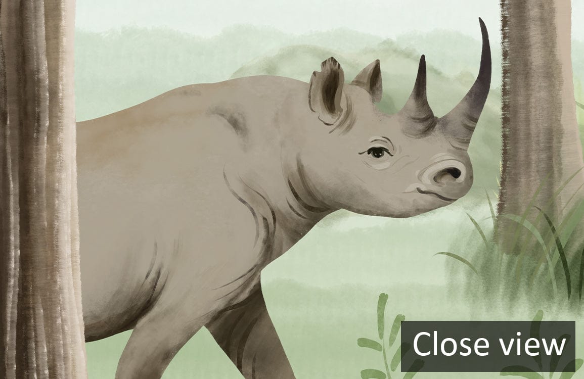 Delightful rhino on Enchanted Woodland Adventure Mural Wallpaper, pastel safari dreamscape theme. 