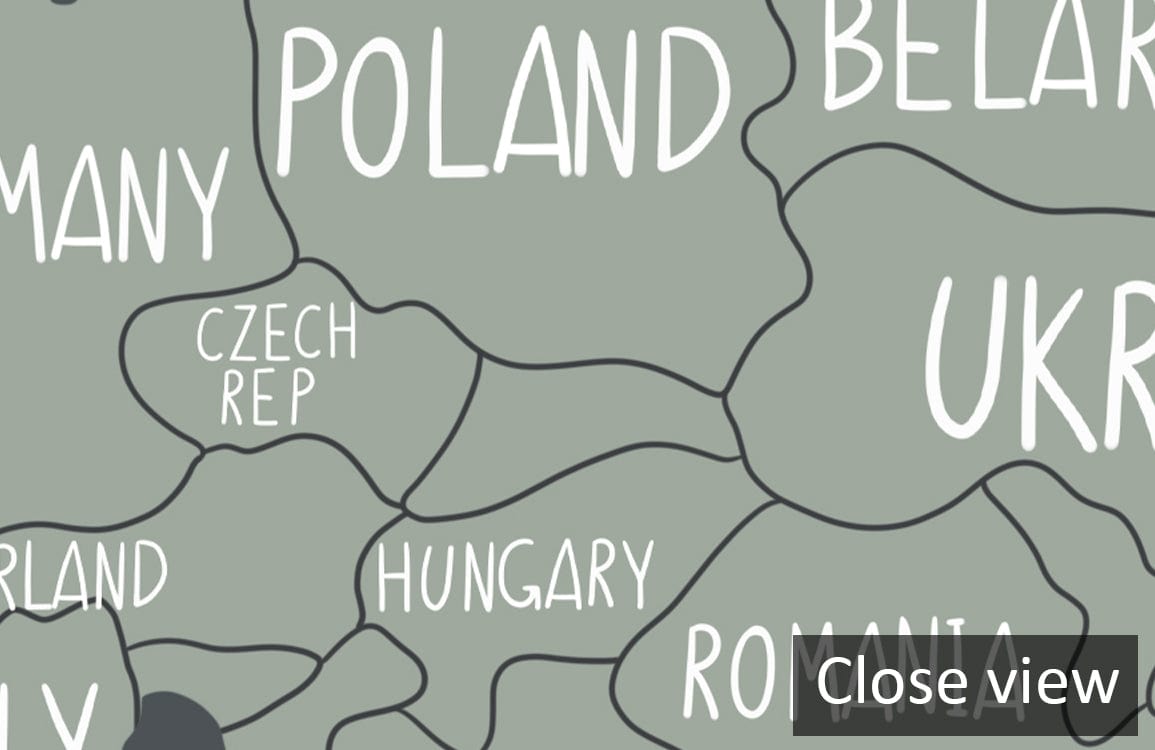 Close-up of earthy-toned vintage world map mural wallpaper, displaying European countries, for modern interiors.