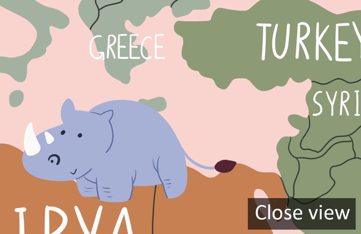 Adorable pastel animal world map wallpaper for children's adventure rooms, featuring playful rhino design.