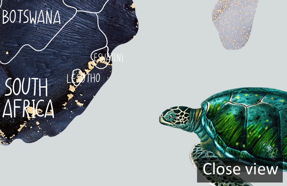 Close view of Nautical World Map Mural: Turtle detail, blue-grey watercolour design with text labels.