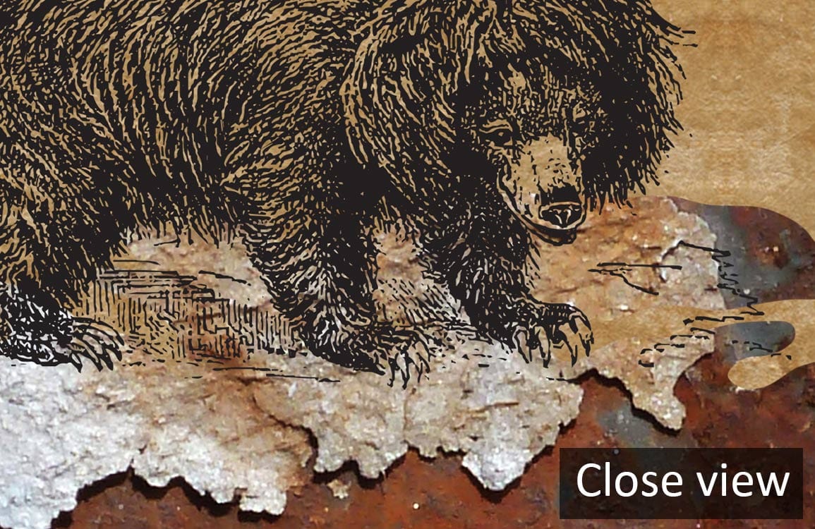 Close-up of Vintage Earth Tones World Map Mural Wallpaper featuring bear illustration and textured details.