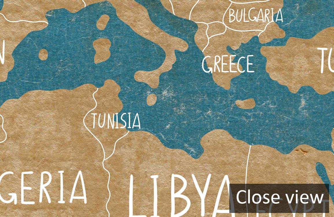 Close-up detail of Vintage Blue and Tan World Map Mural Wallpaper, highlighting Europe and Northern Africa.