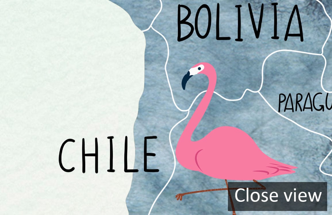 Whimsical World Map Mural Wallpaper detail featuring pink flamingo, vintage map in blue tones.