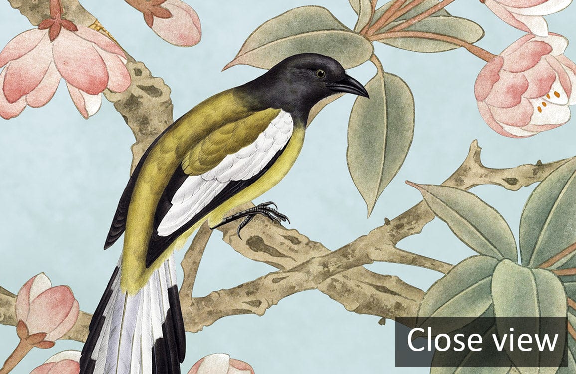 Tranquil Sky Blossom Mural Wallpaper featuring pastel tones with bird and floral design, close-up view.
