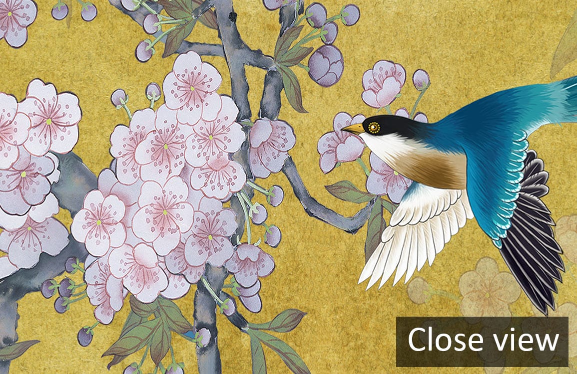 Elegant floral mural wallpaper featuring vintage gold blossom design with birds; close-up detailed view.