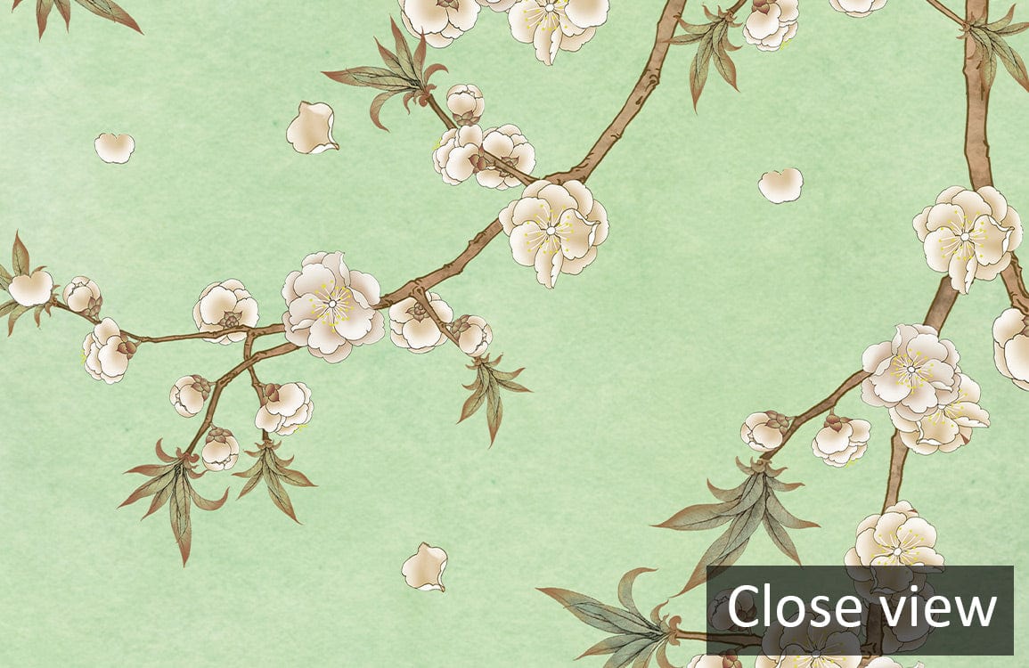 Serene Green Blossom Birds Chinoiserie Mural Wallpaper with Floral Elegance, close view of floral design.