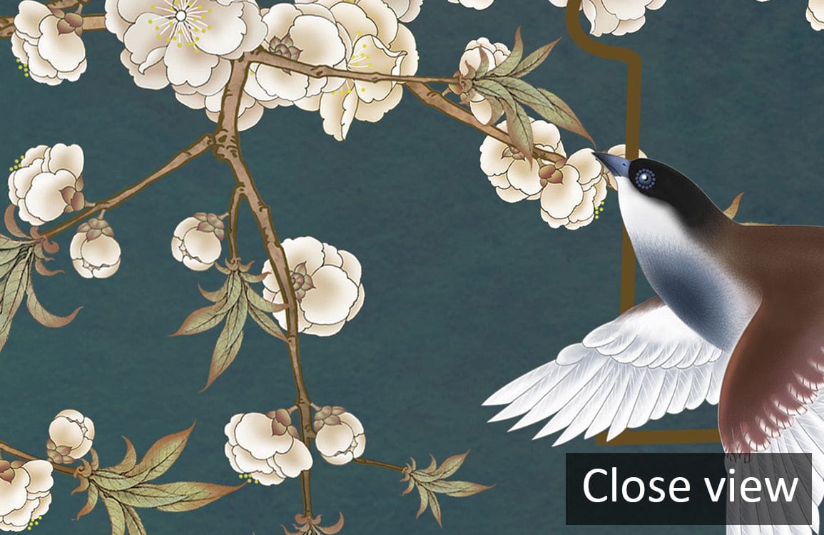 Elegant Teal Blossom Branches Wallpaper Mural with Birds, Oriental Style, close-up floral design detail.
