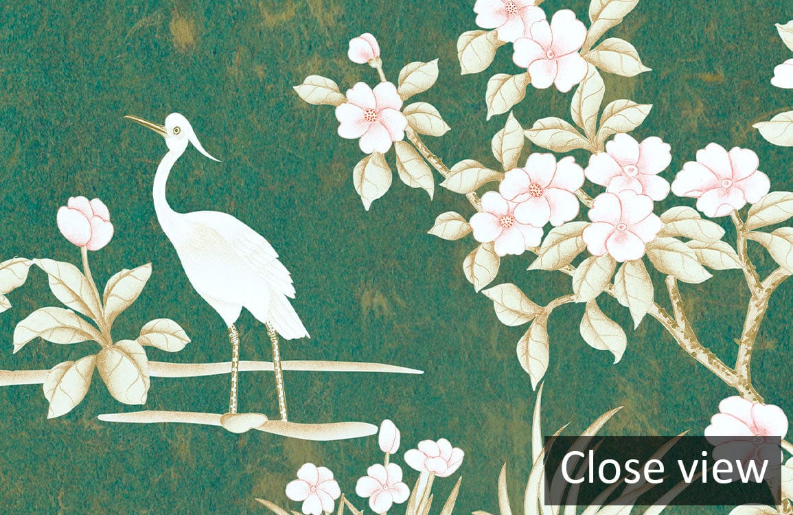Vintage Green Floral Serenity Wallpaper, nature-inspired pattern featuring herons and blossoms; close-up view.