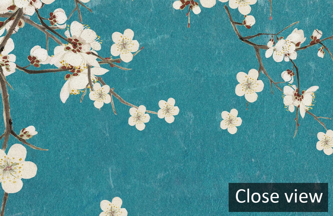 Teal Blossom Branches Vintage Floral Wallpaper Mural, elegant nature decor, close-up view, teal background.