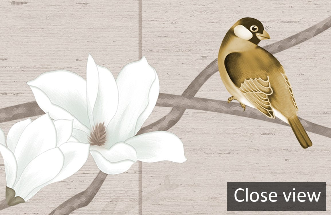 Elegant beige floral mural wallpaper with birds, branches design; close-up detail; beige background style.