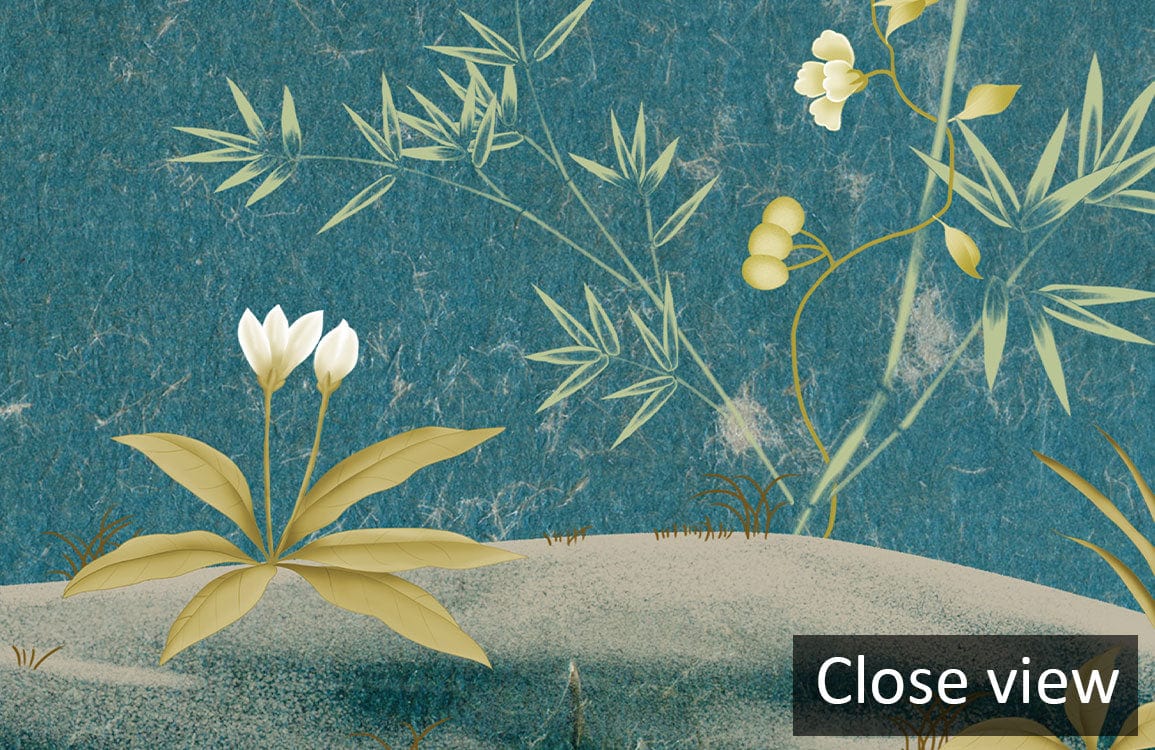 Close-up of Elegant Teal Chinoiserie Wallpaper featuring floral and bird design in intricate detail.