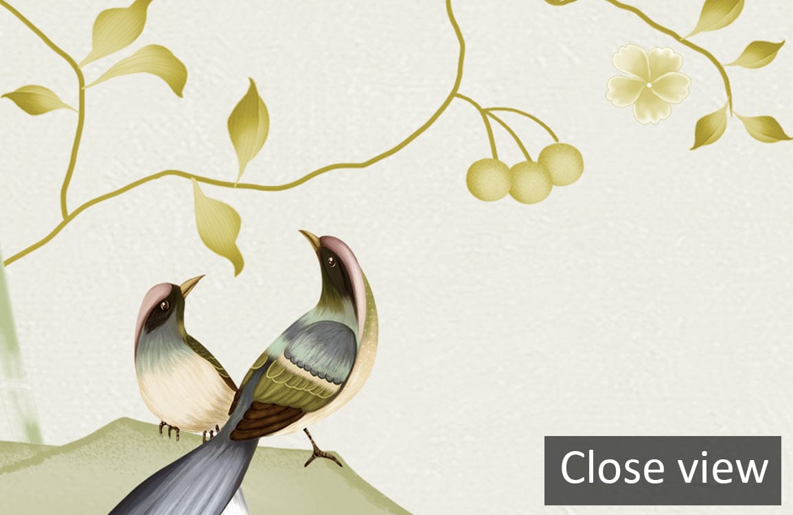 Serene Nature Scene Mural Wallpaper with Enchanting Birds, featuring soft pastel foliage in close view.