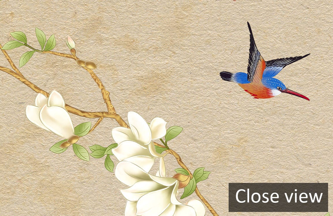 'Elegant vintage floral birds beige mural wallpaper with natural botanical serenity design detail view.'
