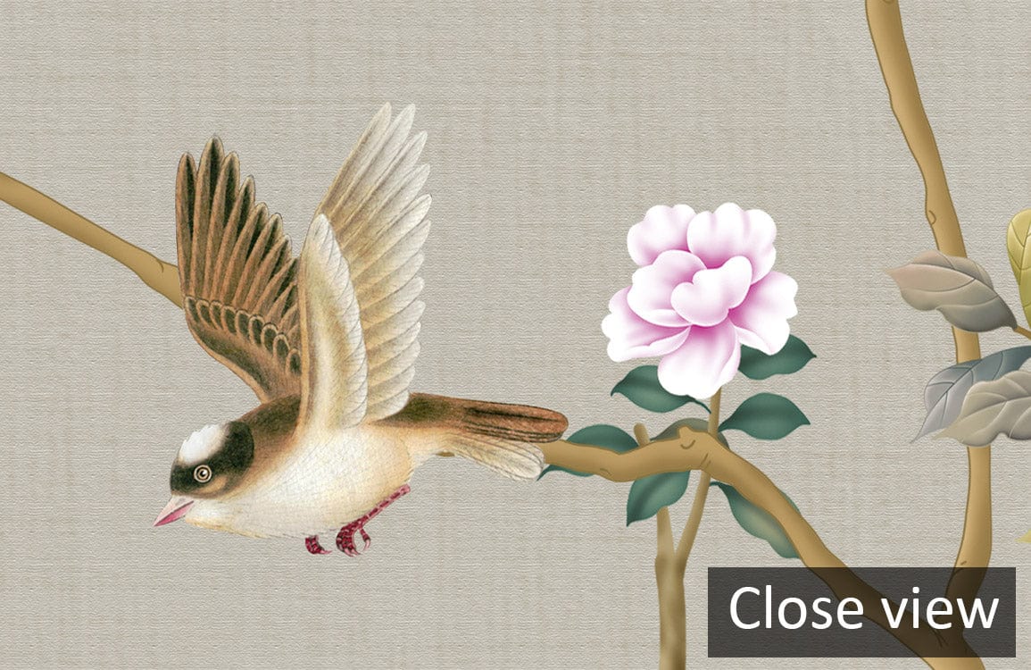 Serene Pastel Floral and Bird Garden Mural Wallpaper, close up, featuring delicate blossoms and branches.