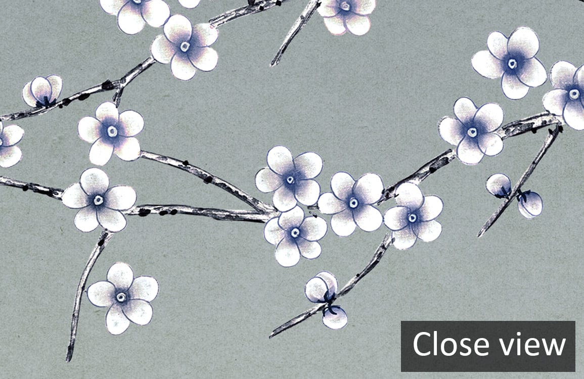 Elegant Blossom Mural Wallpaper, floral branches on green-grey, close-up view.