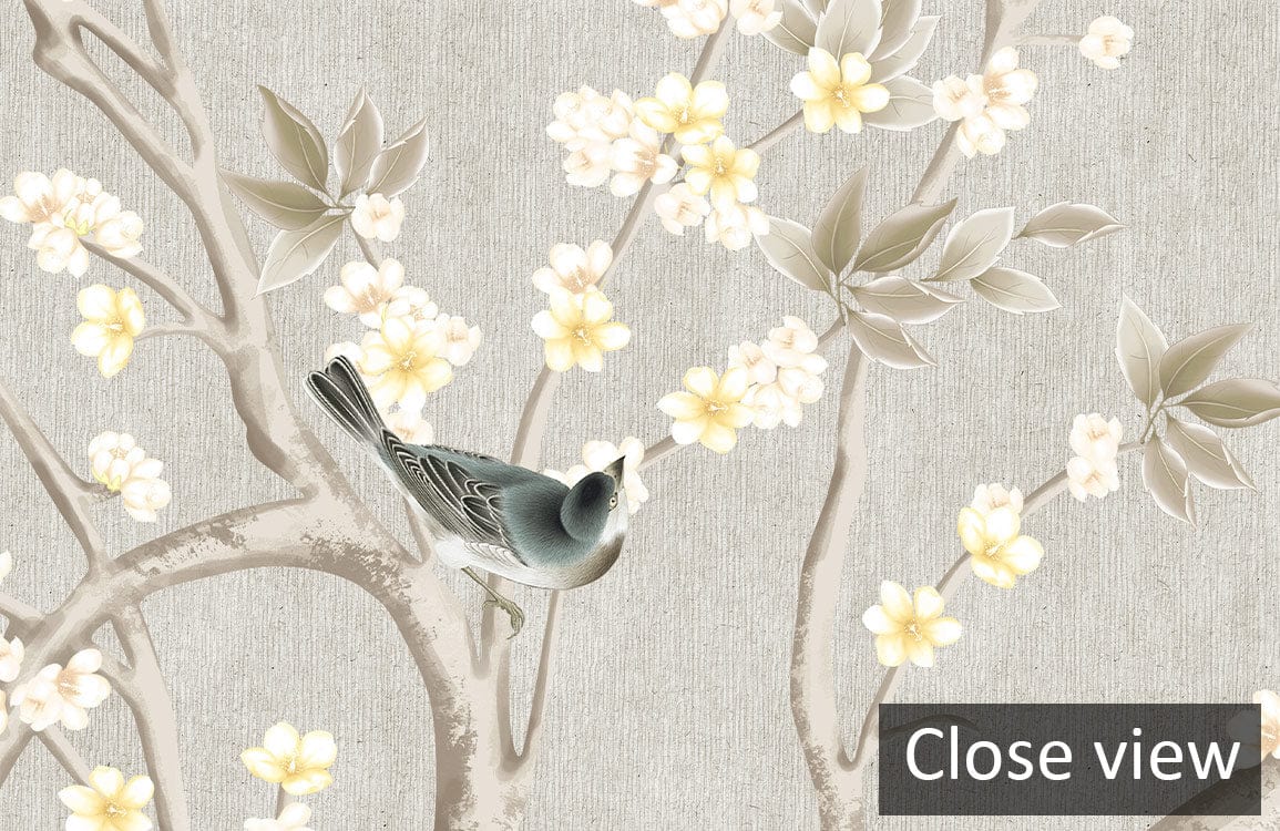 Elegant taupe Chinoiserie mural wallpaper with blossoms, birds; vintage charm; close-up view.