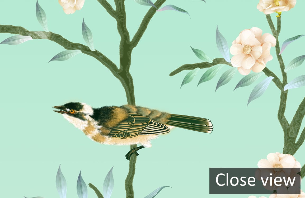Serene Mint Green Floral Bird Chinoiserie Mural Wallpaper close-up featuring intricate branch and bloom details.