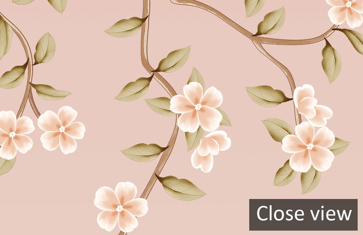 Blossoming pink floral mural wallpaper featuring delicate birds and branches; close view.