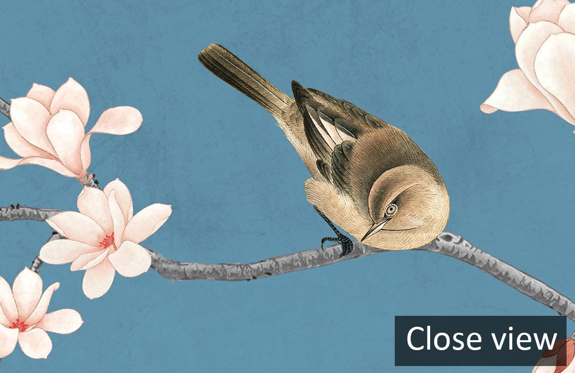 Elegant blue cherry blossom bird mural wallpaper close view with Oriental nature-inspired decor elements.