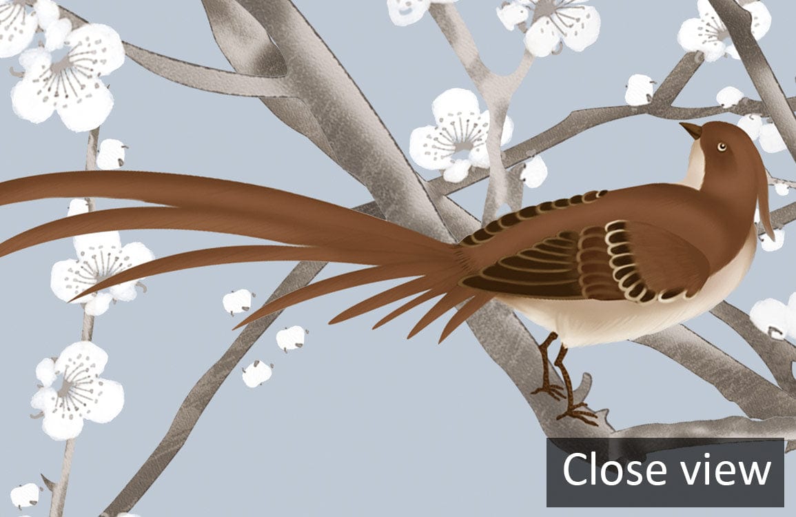 Elegant Blue Bird Blossom Branches Mural Wallpaper, delicate nature theme, featuring intricate bird design.