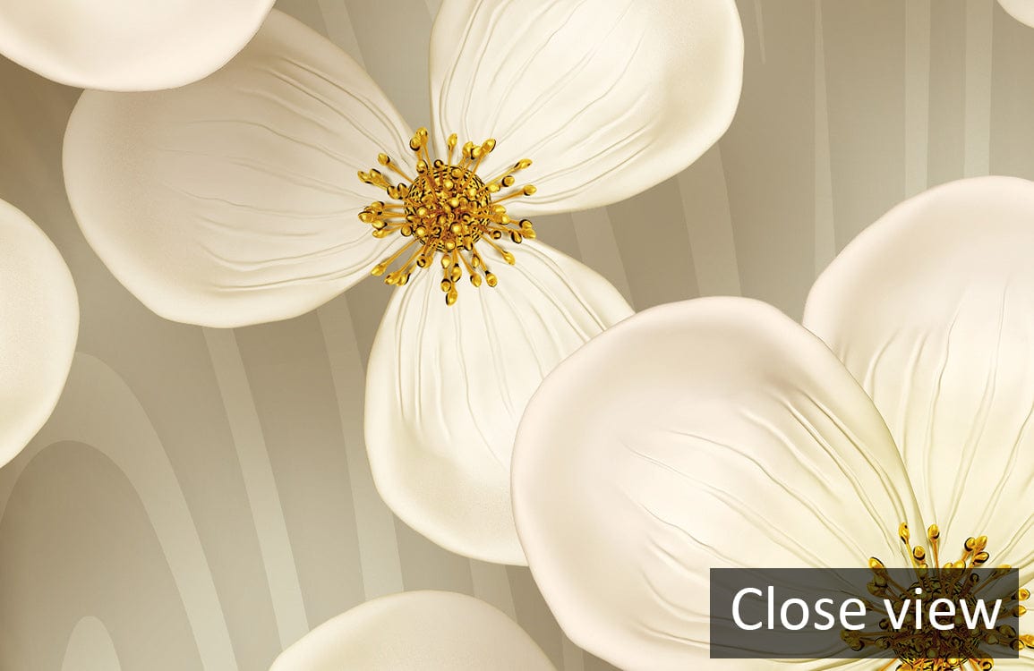 Close view of Serene Blossom Tree Mural Wallpaper in soft cream and taupe, floral design detail.