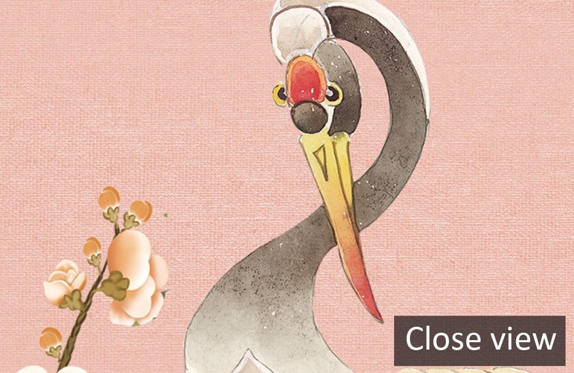 Close-up of Elegant Pastel Chinoiserie Mural Wallpaper featuring cranes and blossoms design in pink.
