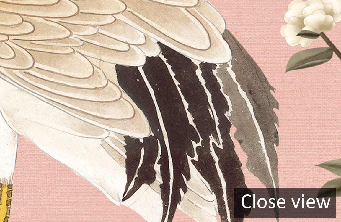 Close-up of Elegant Pastel Chinoiserie Mural Wallpaper, featuring crane feathers and blossom details.