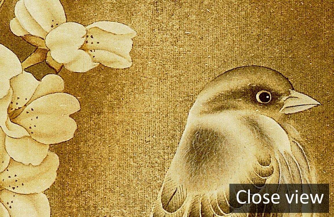 Close-up of Vintage Floral Bird Mural Wallpaper, golden hues, featuring delicate blooms and bird design.
