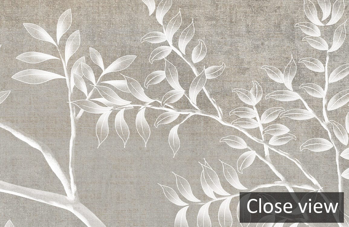 Elegant grey tree branches on mural wallpaper, close view, nature-inspired decor design.