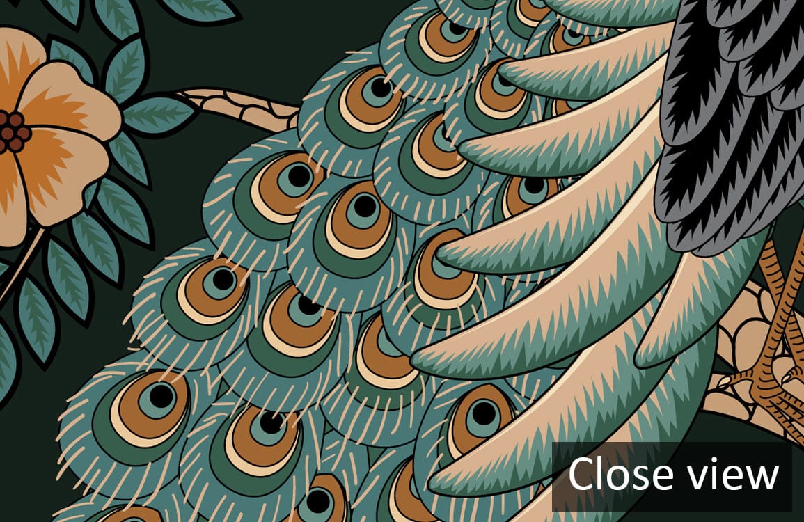 Close-up of dark green mural wallpaper with tigers, peacocks, and floral design in tropical jungle.