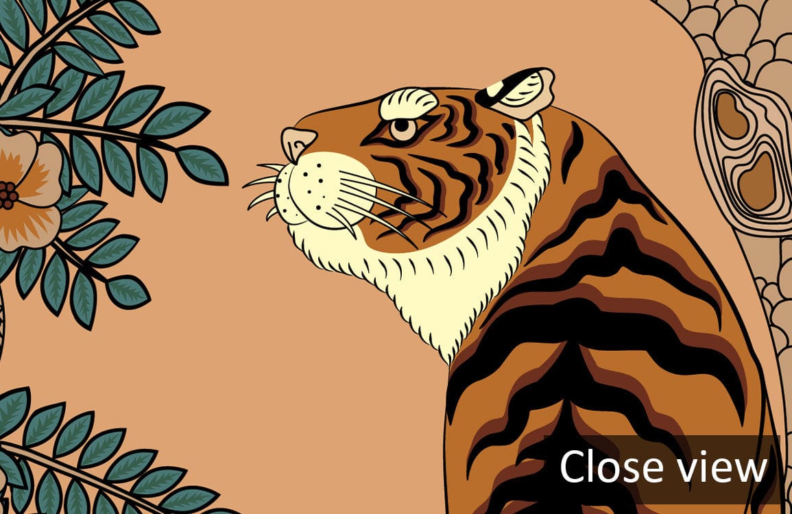 Close-up of Tropical Tiger and Peacock Mural Wallpaper in earthy tones, featuring vintage botanical design.