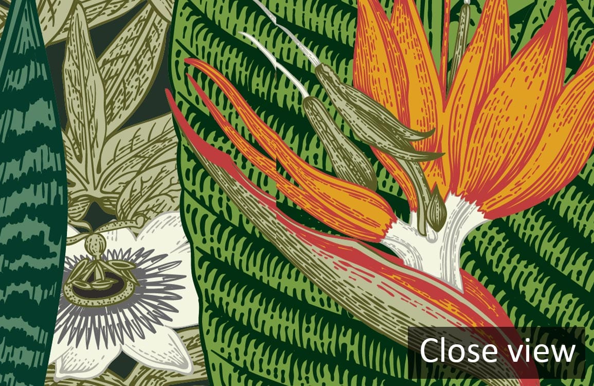 Close view of Tropical Paradise Botanical Mural Wallpaper featuring vivid green leaves and exotic flowers.