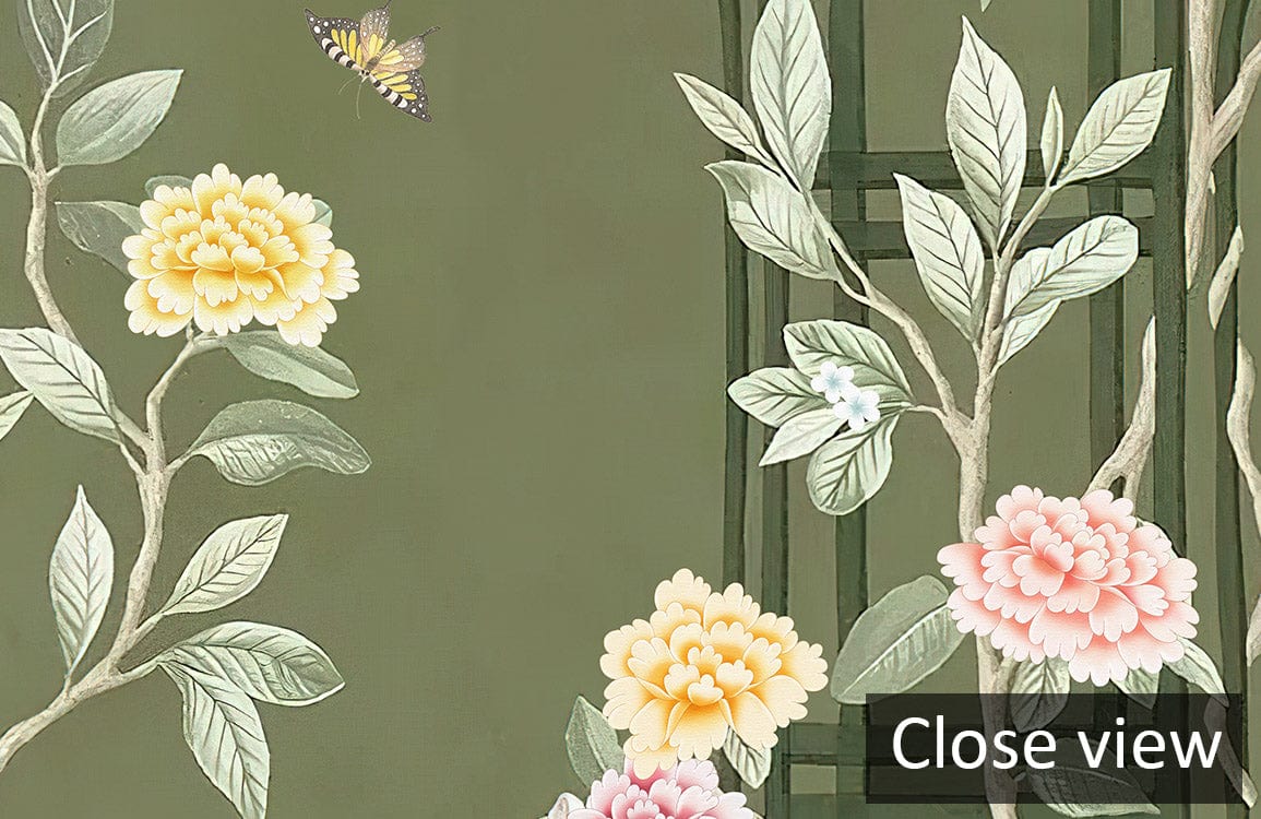 Vintage botanical wallpaper with pastel blooms, green floral design, and butterfly detail, close-up view.