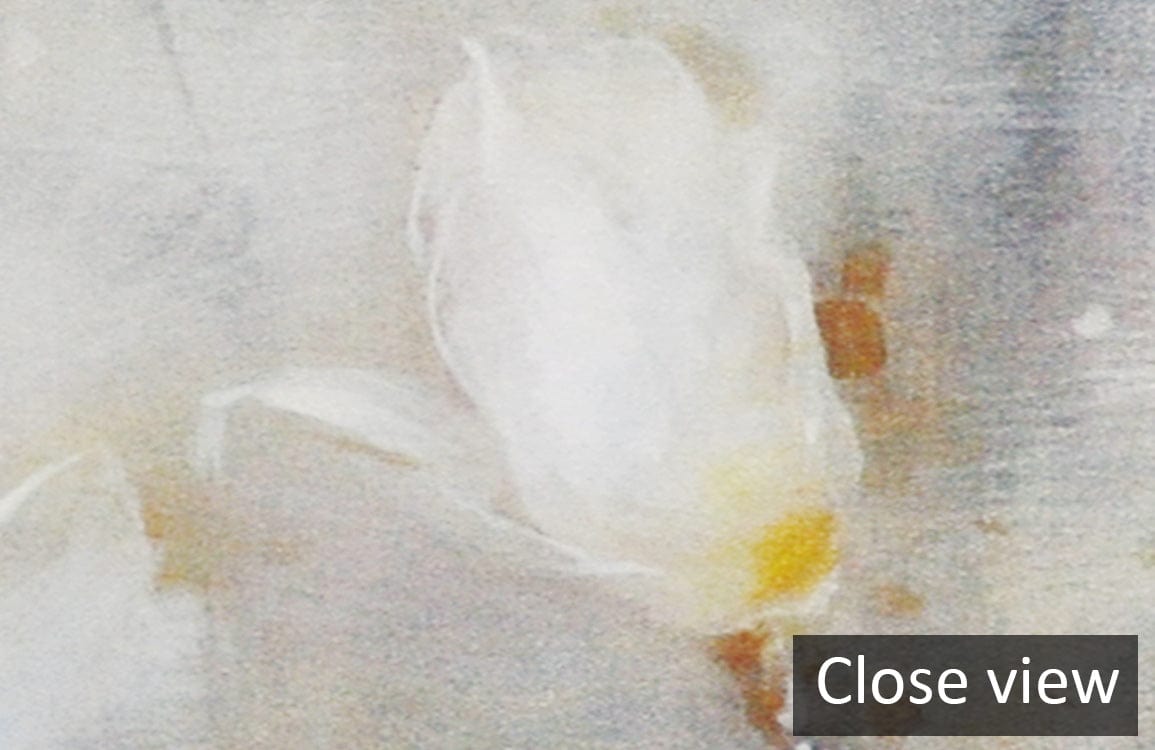 Close-up of Ethereal Floral Mural Wallpaper; soft white pastel watercolour design, detailed texture view.