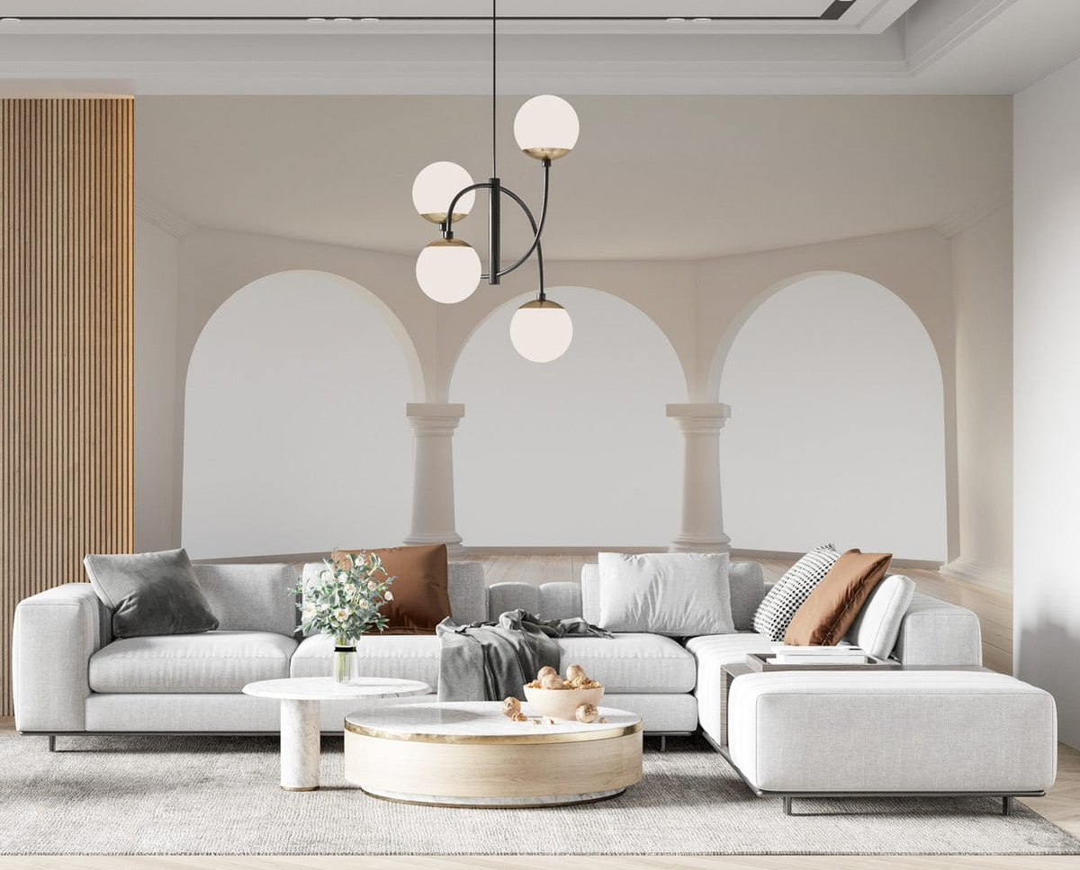 Elegant arched columns mural in living room, minimalist white wallpaper, grey sofa, round coffee table.